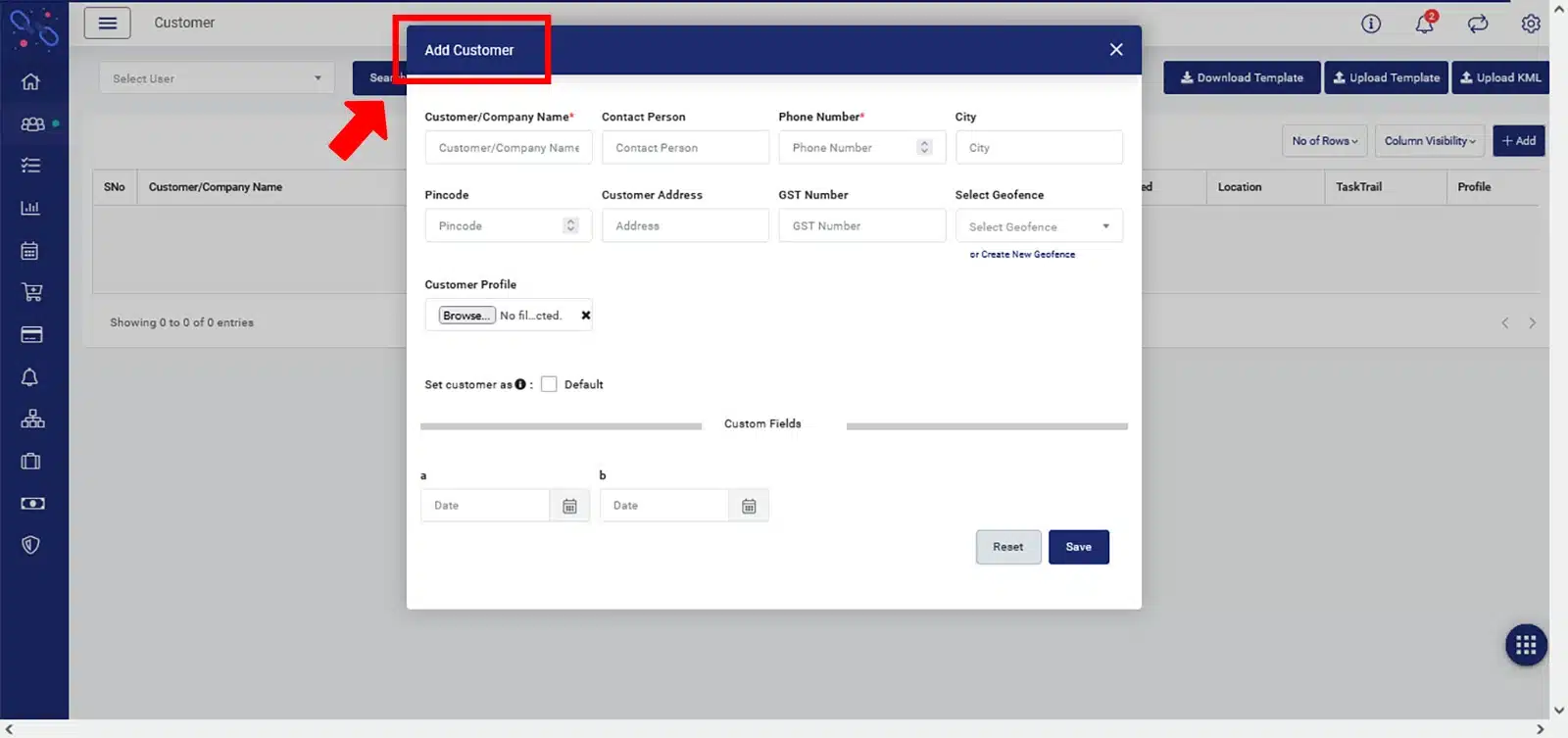 Add Customer- TrackoField Dashboard