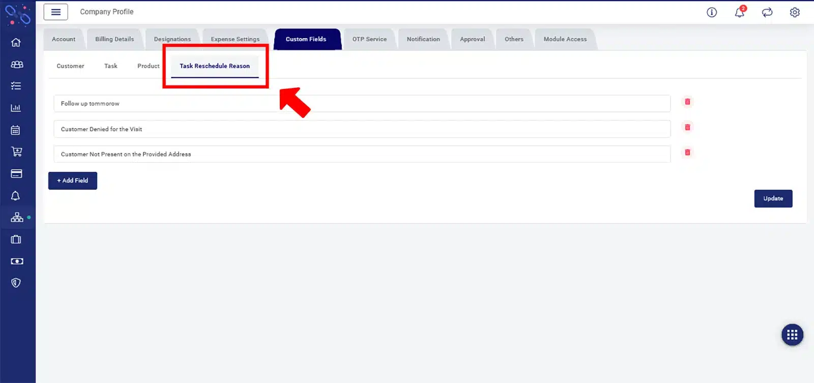 Task Reschedule Reason - TrackoField Dashboard