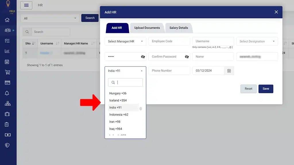 TrackoField’s Dashboard with Country Code Panel