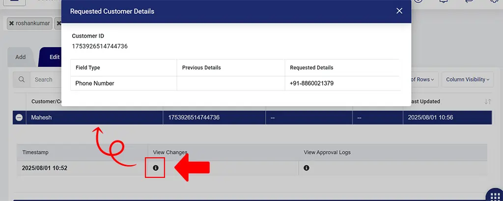 Viewing Previous Customer Details and Requested Details