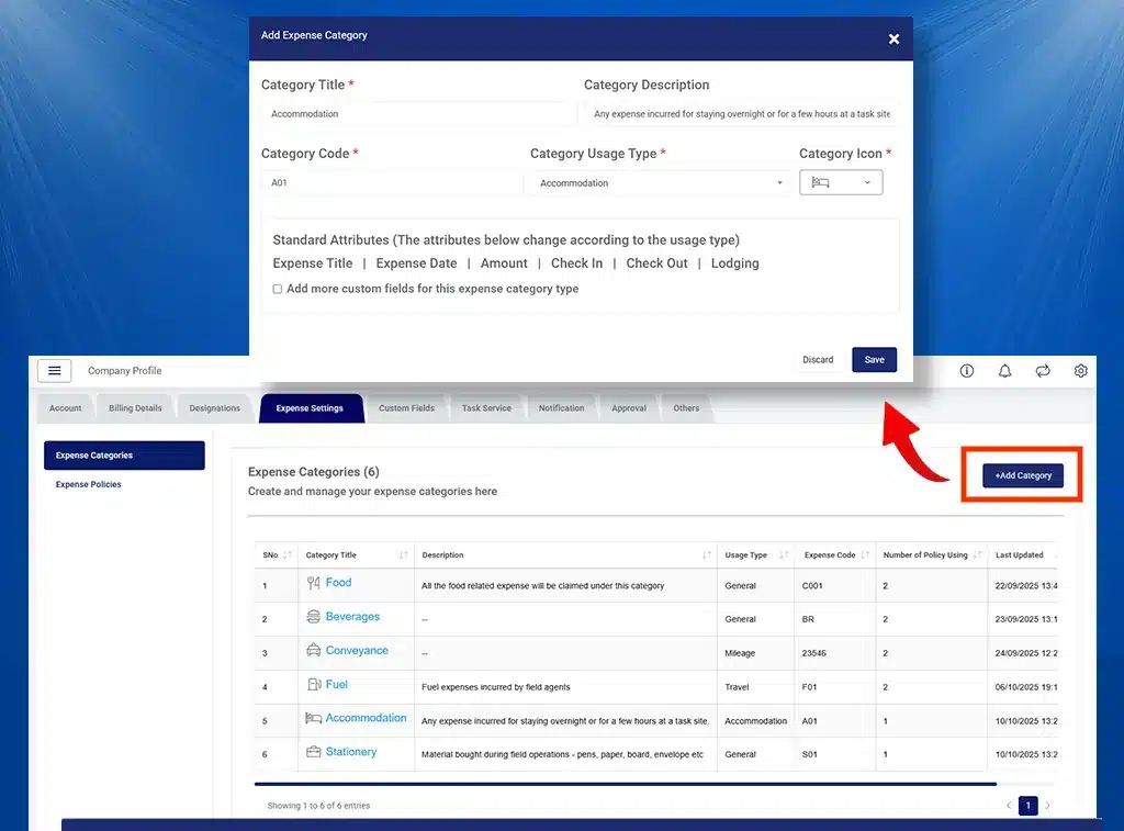 Configuring expense categories in TrackoField Expense Module