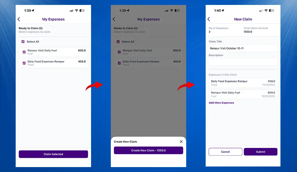 Creating an expense claim in TF mobile app