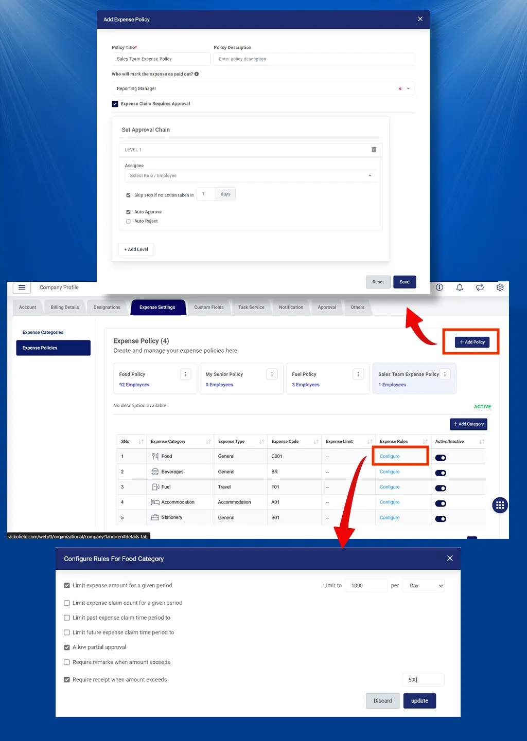 Creating expense policy in TrackoField