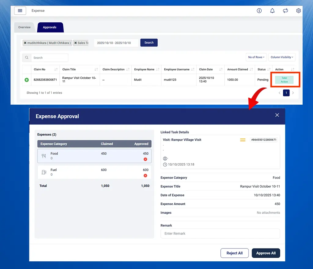 Viewing and approving an expense claim