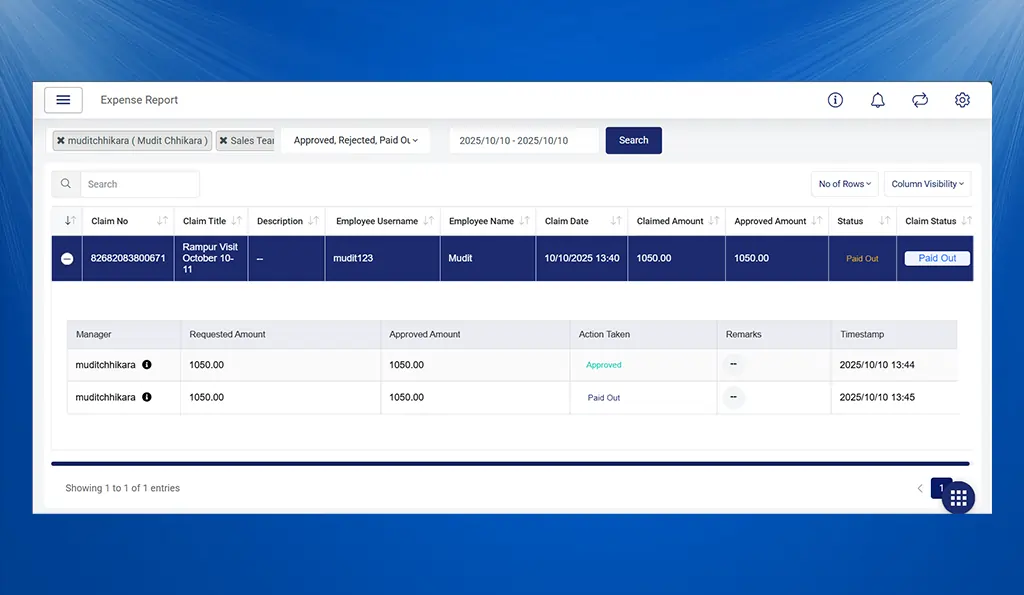Viewing expense reports in TrackoField from the reports section
