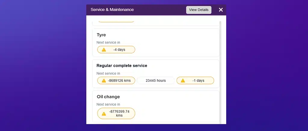 Upcoming service and maintenance notifications on dashboard