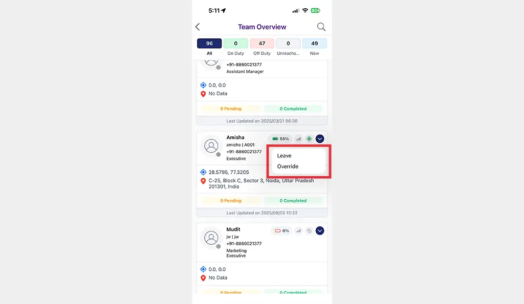 Applying Leave or Override requests in TF Mobile App