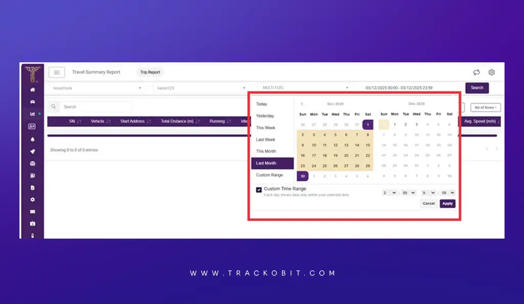 Select custom time and date range for more streamlined data