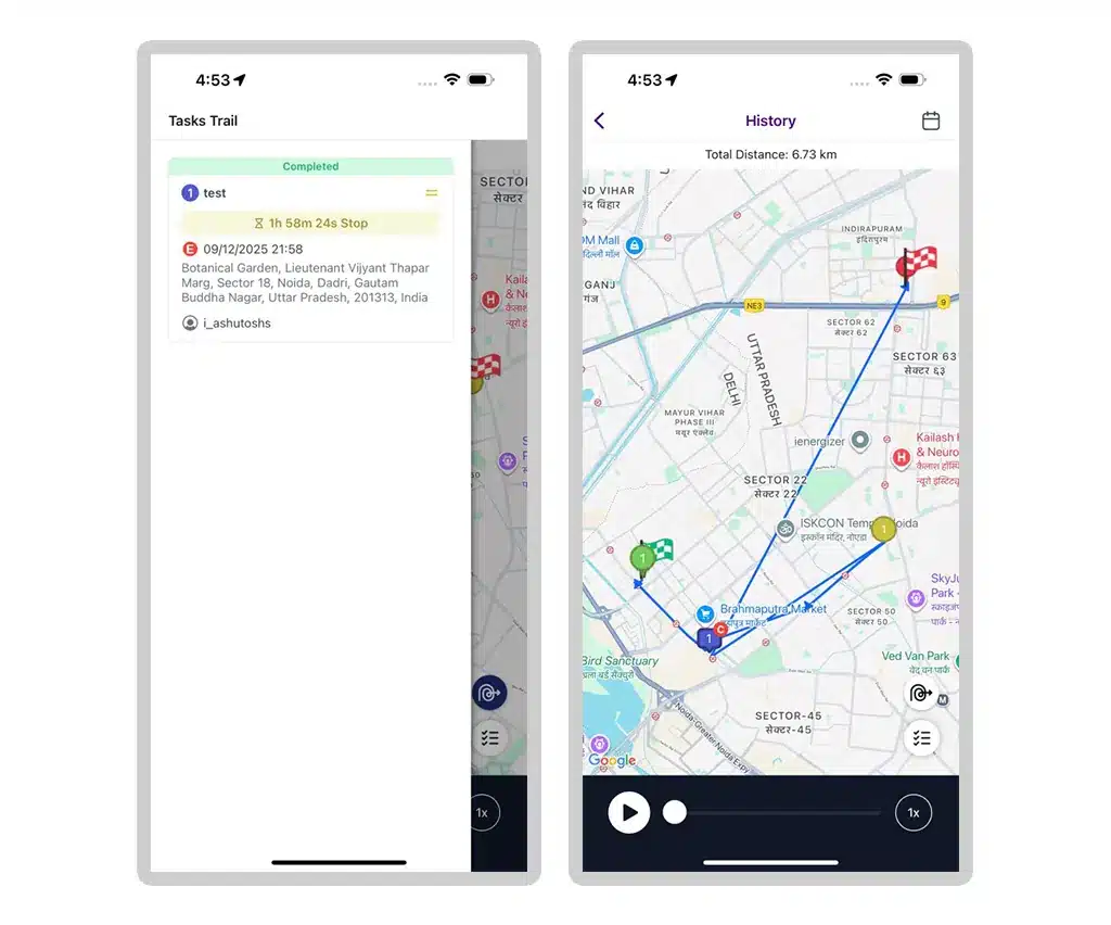 Employee Travel History in TrackoField FE App