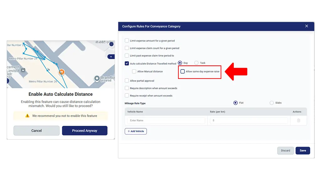 Same Day Expense Raise Rule & Auto-Calculate Distance Recommendation