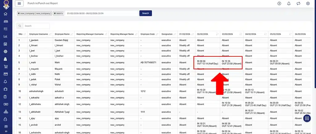Attendance Type Displayed