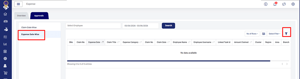 Quick filters Added in Expense Date Wise Approval