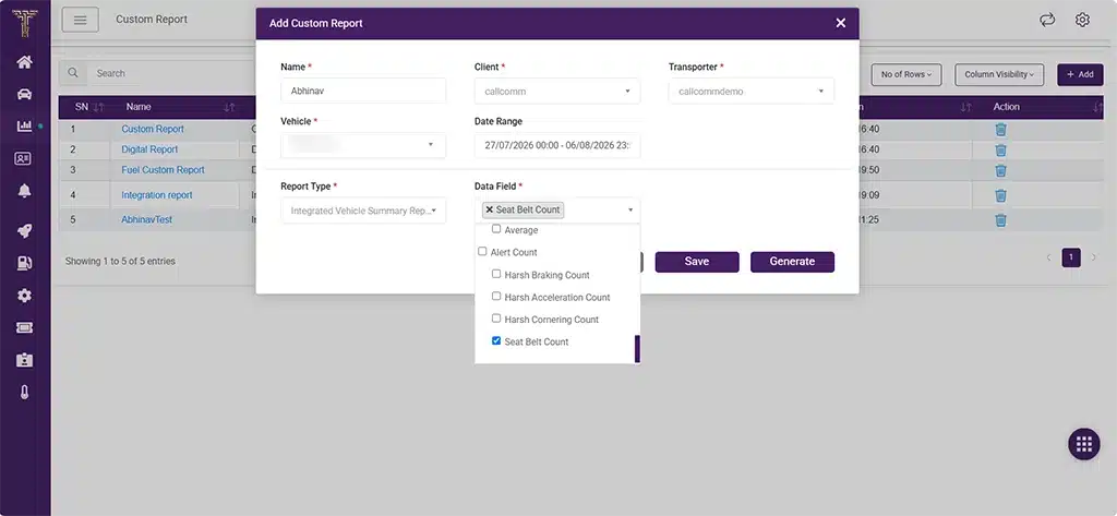 Generate Integrated Vehicle Summary Reports with Seat Belt Count. Generate Integrated Vehicle Summary Reports with Seat Belt Count