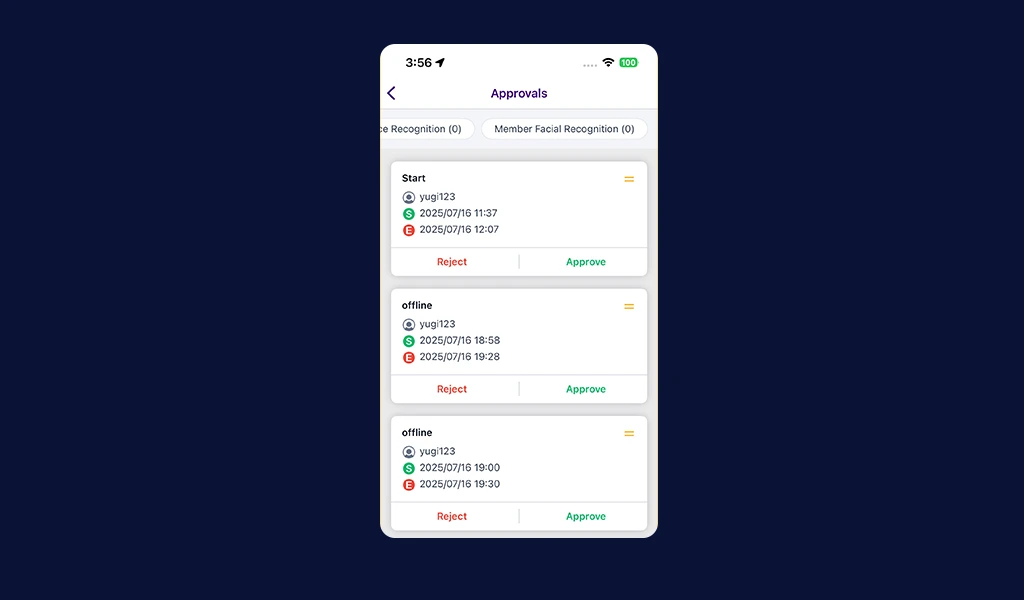 The individual's member facial recognition is visible as separate cards for approvals (1)
