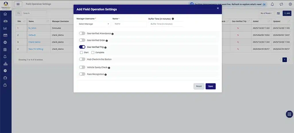 Configure Geo-Verified Trip Start and Trip Complete from F.O. Setting