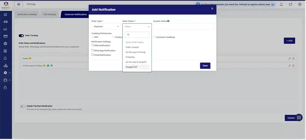 Configure tracking preferences independently for shipment stages