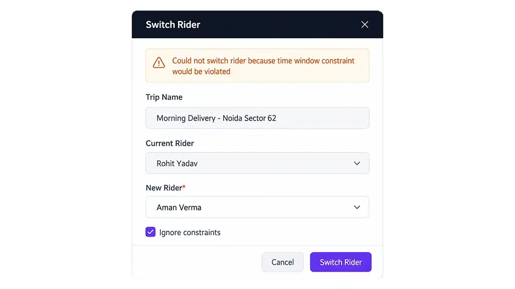 Reassign riders while keeping trip constraints visible