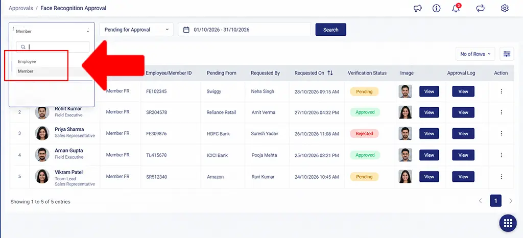 Employee and Member face recognition approvals added