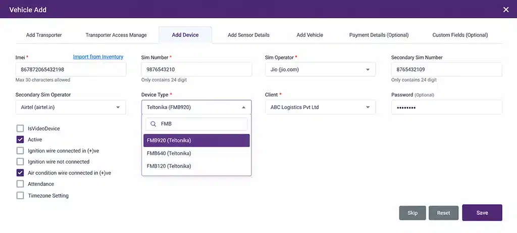 Select device types during vehicle configuration. Select device types during vehicle configuration.