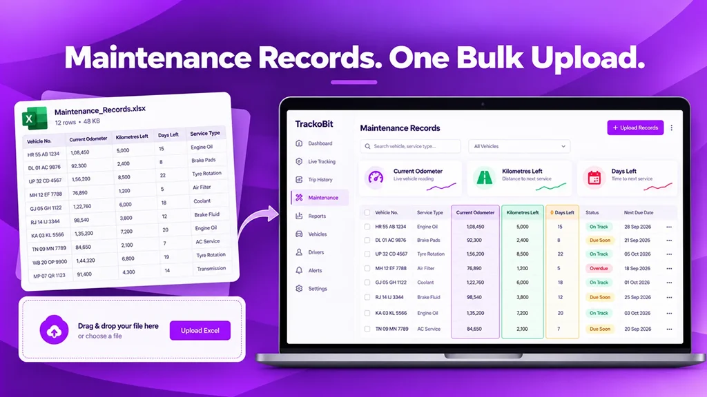 Upload maintenance records in bulk and track upcoming service needs. 