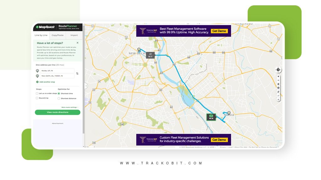 Mapquest route planner with TrackoBit Route Planner